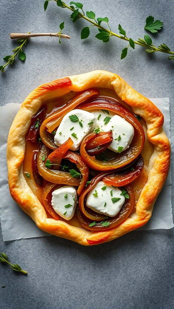 A savory caramelized onion and goat cheese tart with a golden crust.