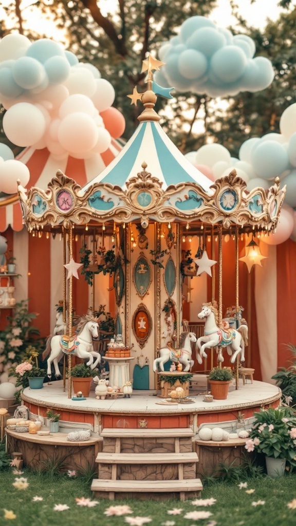 A beautifully decorated carousel for a baby shower theme, featuring pastel colors and cute animal figures.