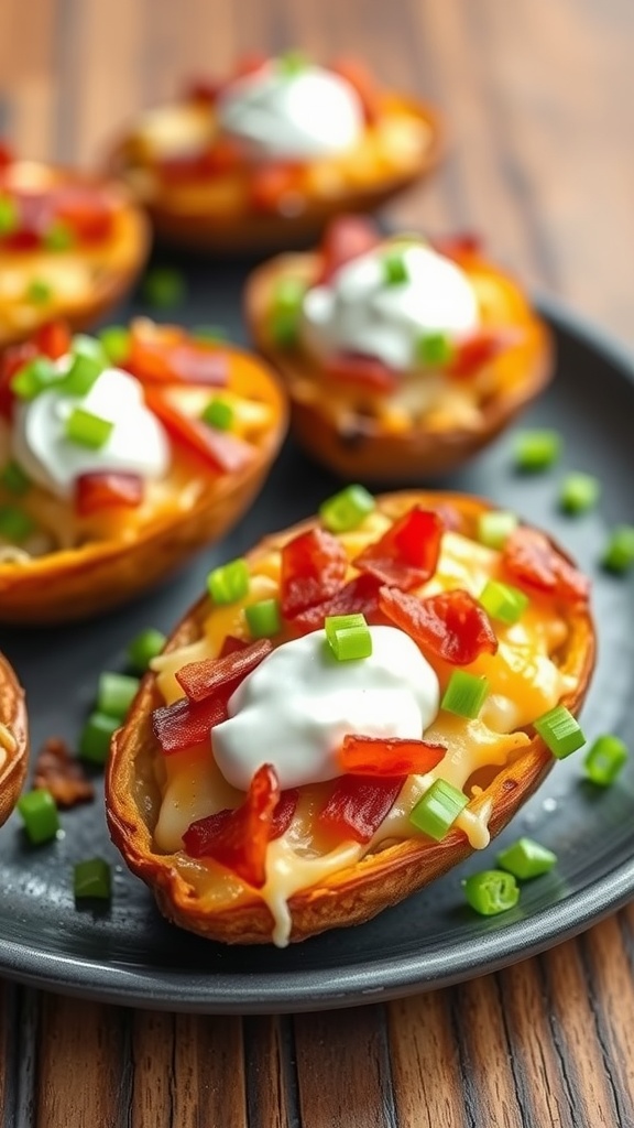 Cheesy bacon potato skins topped with green onions and sour cream on a plate.