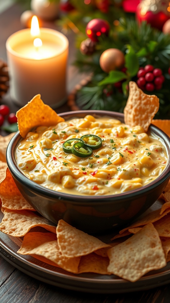 A bowl of cheesy jalapeño corn dip surrounded by tortilla chips.