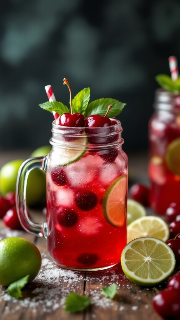 A refreshing Cherry Limeade served in a mason jar with lime slices and cherries, garnished with fresh mint.