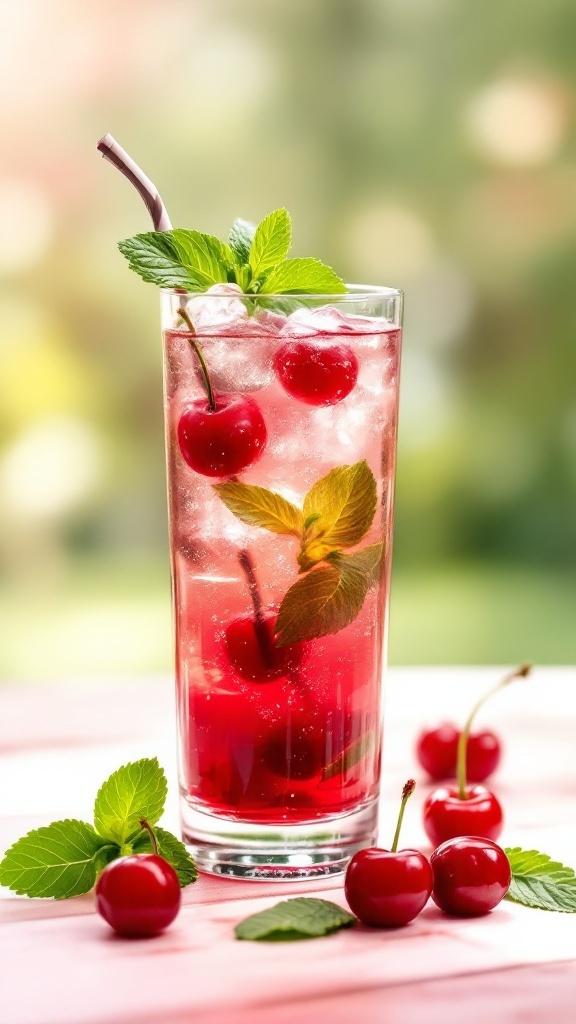 A tall glass of Cherry Mint Sparkler with mint leaves and cherries, perfect for summer.