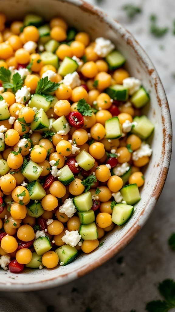 A vibrant chickpea salad with cucumbers, feta cheese, and cherry tomatoes in a bowl.
