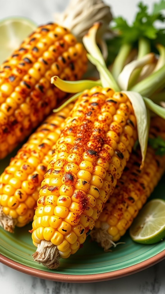 Grilled corn on a plate with chili and lime seasoning