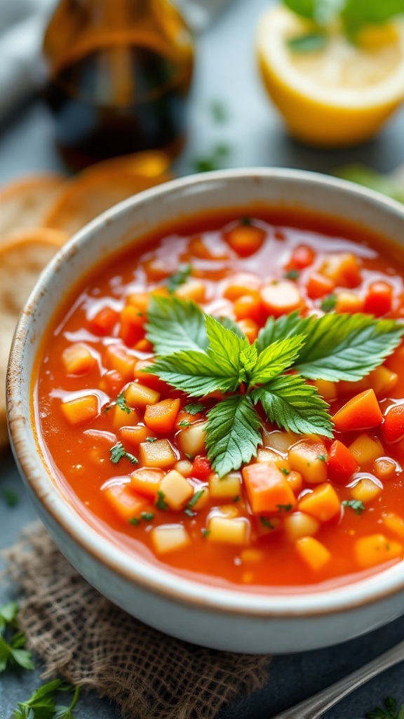 Chilled gazpacho soup with fresh vegetables and herbs.