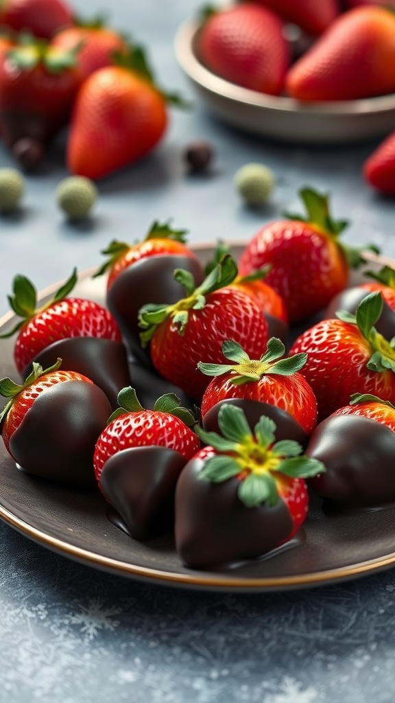 A plate of chocolate-dipped strawberries with fresh strawberries in the background