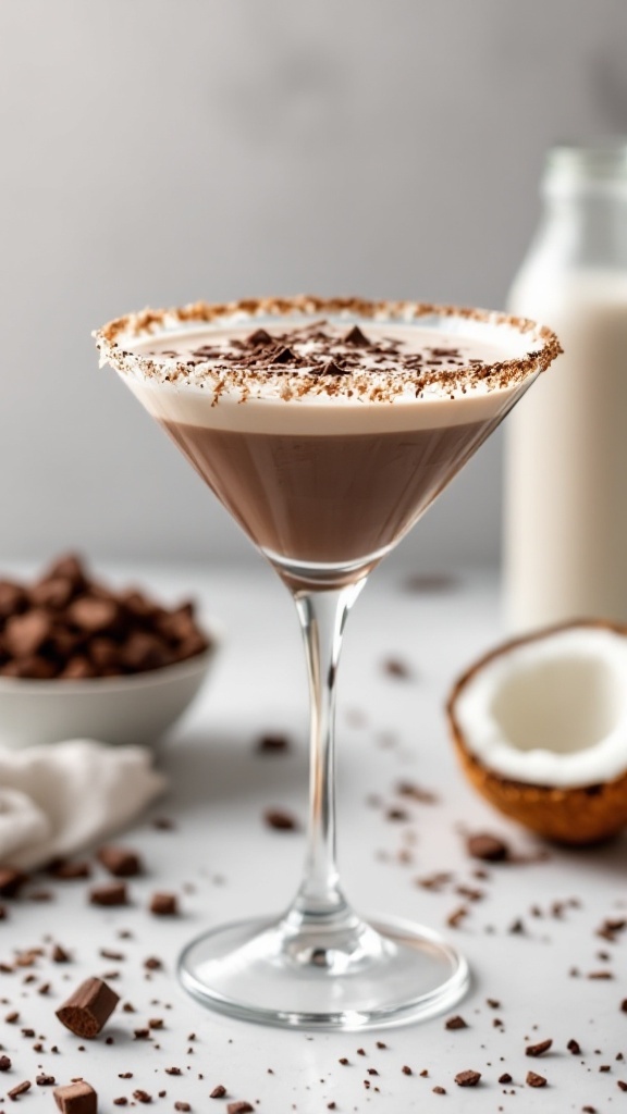 A Chocolate Coconut Mocktini garnished with chocolate shavings.