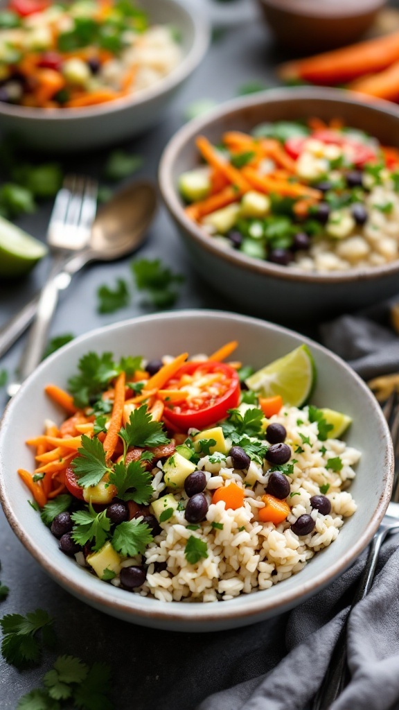 Cilantro lime rice bowls with fresh vegetables and black beans in a bowl.
