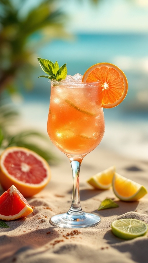 A refreshing Citrus Paloma cocktail garnished with an orange slice and mint leaves, surrounded by fresh citrus fruits.
