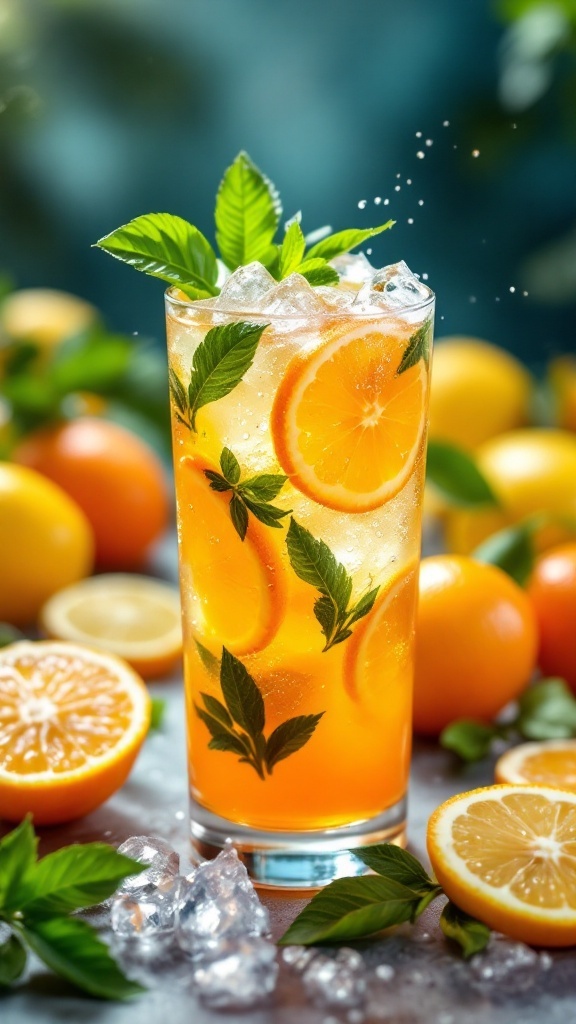 A refreshing Citrus Splash Cooler mocktail with orange slices and mint leaves