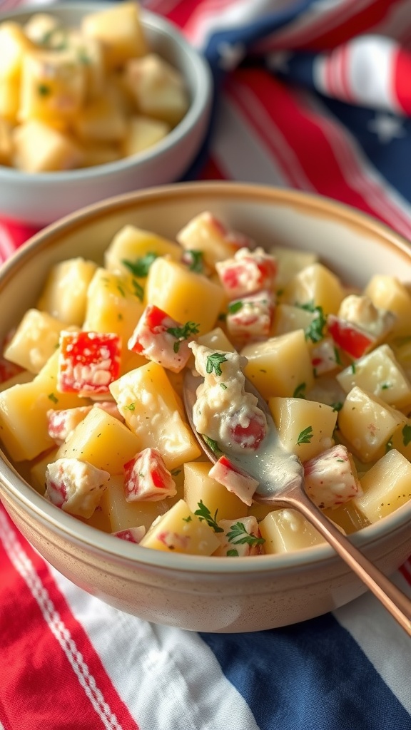 Bowl of classic potato salad with diced red pepper and green onions, served on a red, white, and blue tablecloth.