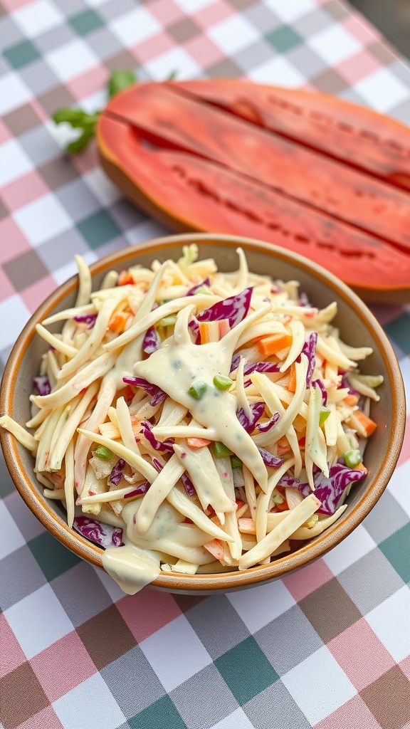 Bowl of classic coleslaw with creamy dressing on a checkered tablecloth.