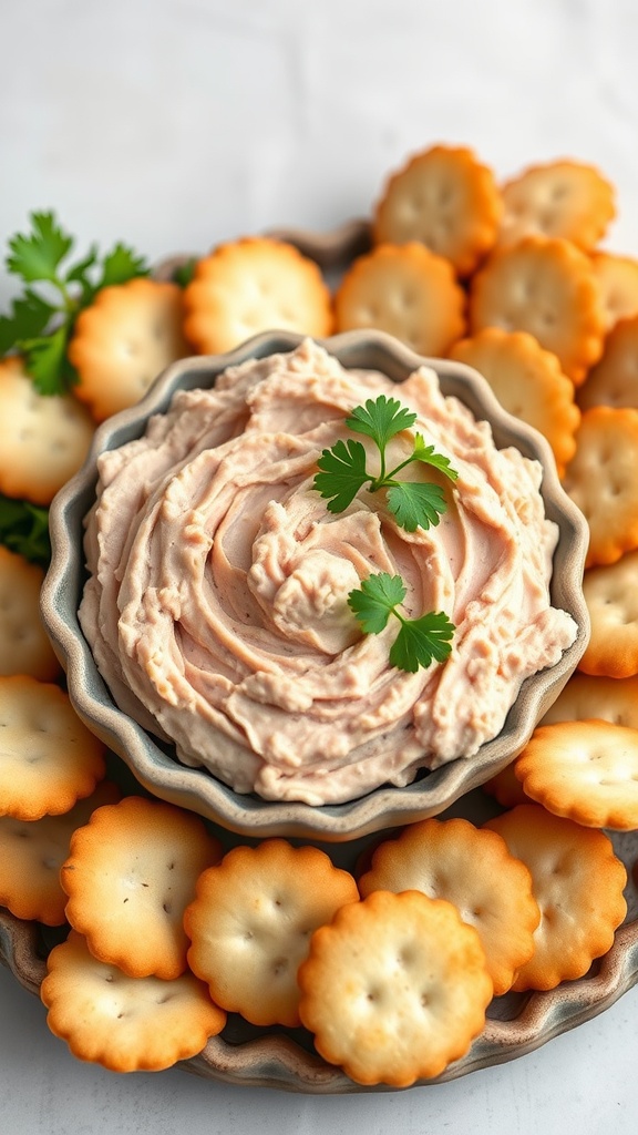 A bowl of classic deviled ham spread surrounded by crackers.