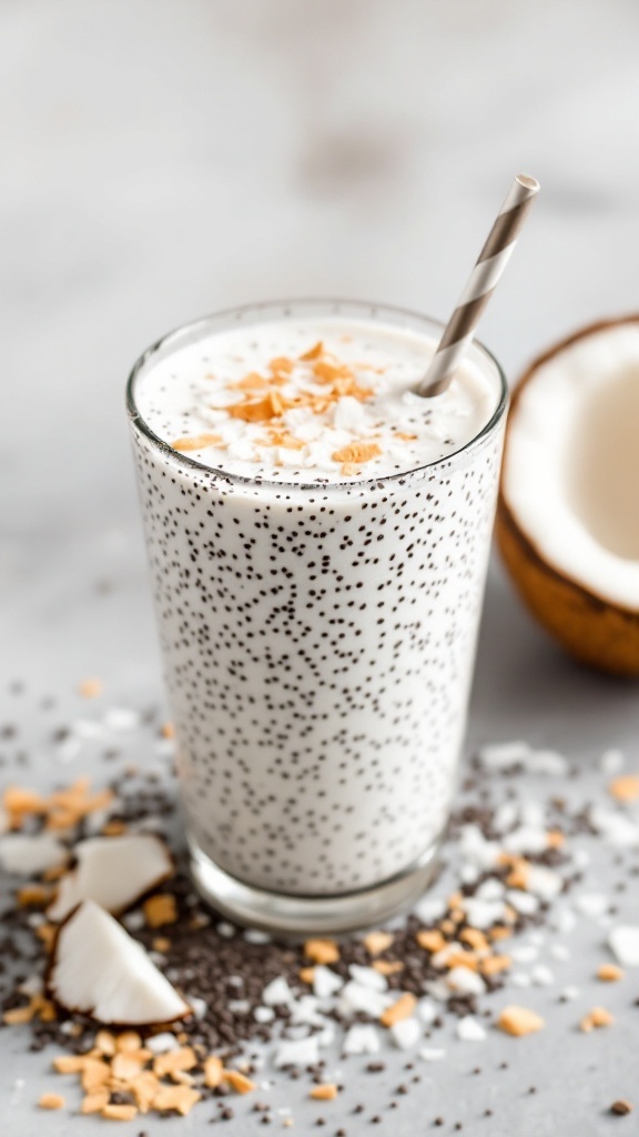 A refreshing coconut chia seed drink in a collins glass.