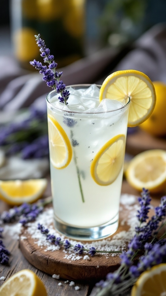 A refreshing coconut lavender lemonade with lemon slices and lavender flowers.