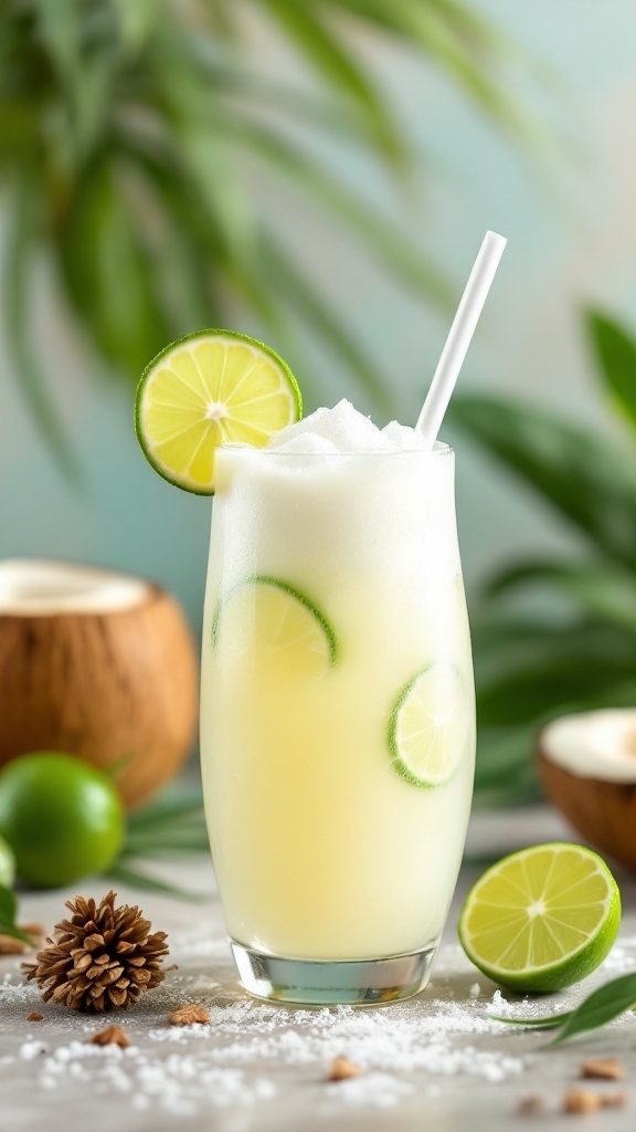 A refreshing Coconut Lime Cooler in a tall glass garnished with lime slices and fresh mint.