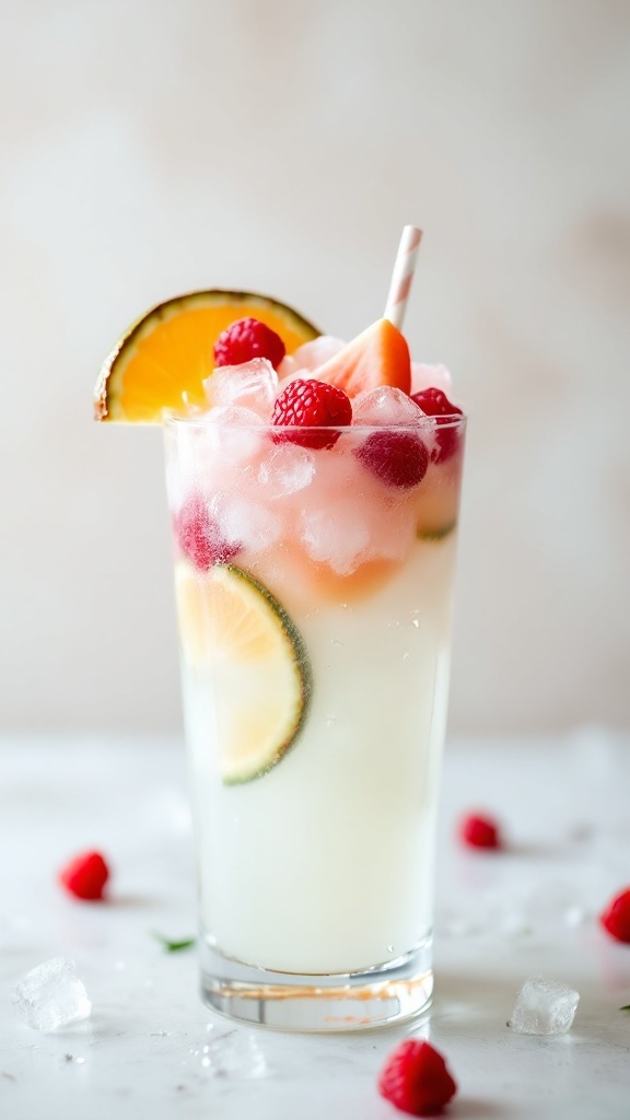 A refreshing coconut water drink garnished with fruit and ice in a tall glass.