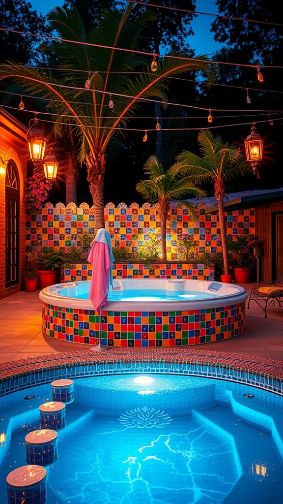 A vibrant hot tub area with colorful mosaic tiles and serene lighting