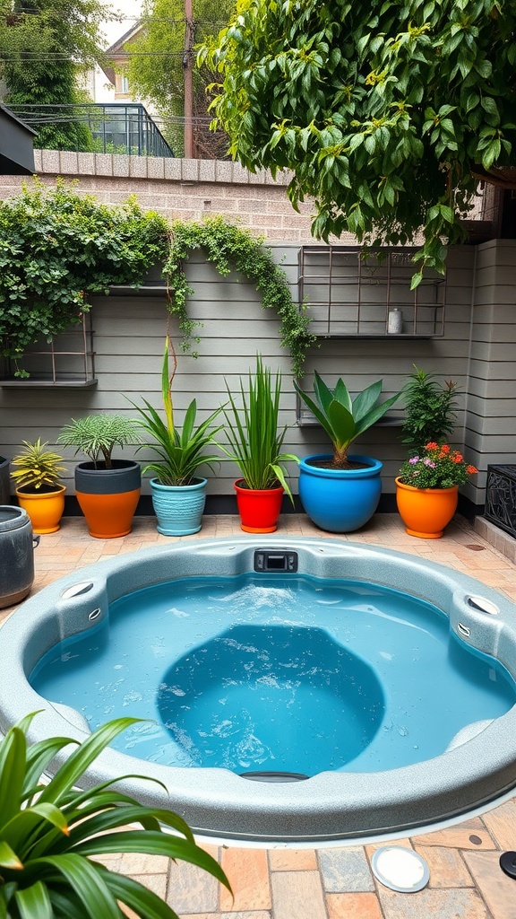 A hot tub surrounded by colorful planters and greenery, creating a vibrant outdoor space.