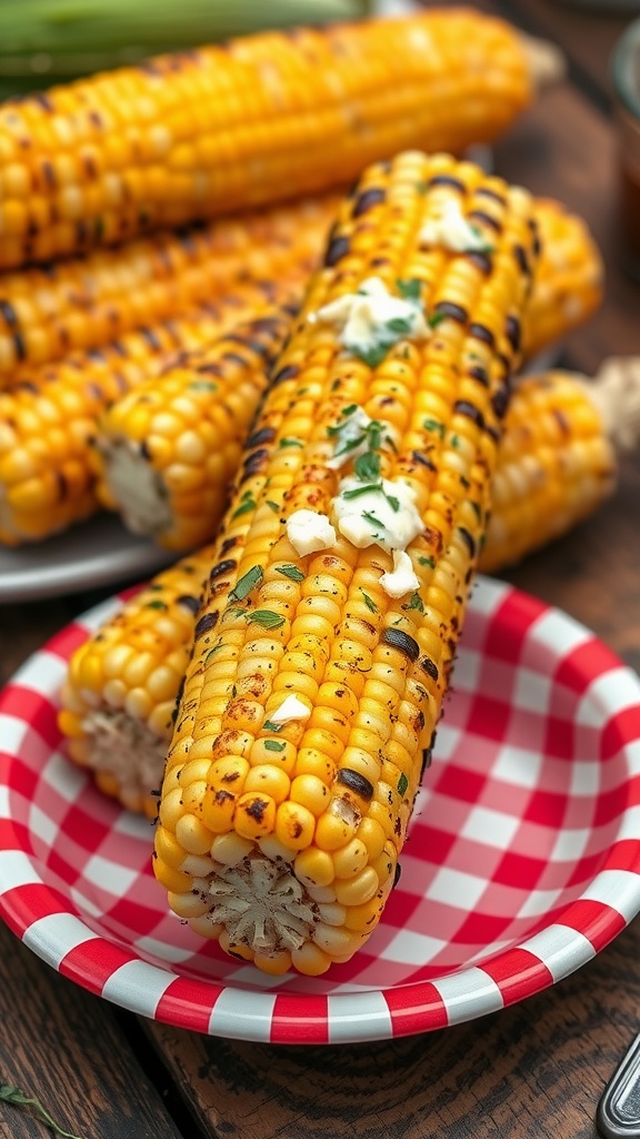 Grilled corn on the cob with herb butter on a checkered plate.
