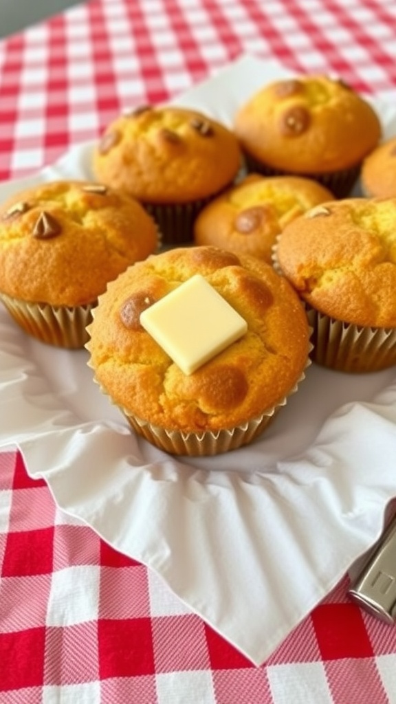 A plate of cornbread muffins with a pat of butter on top, set on a red and white checkered tablecloth.