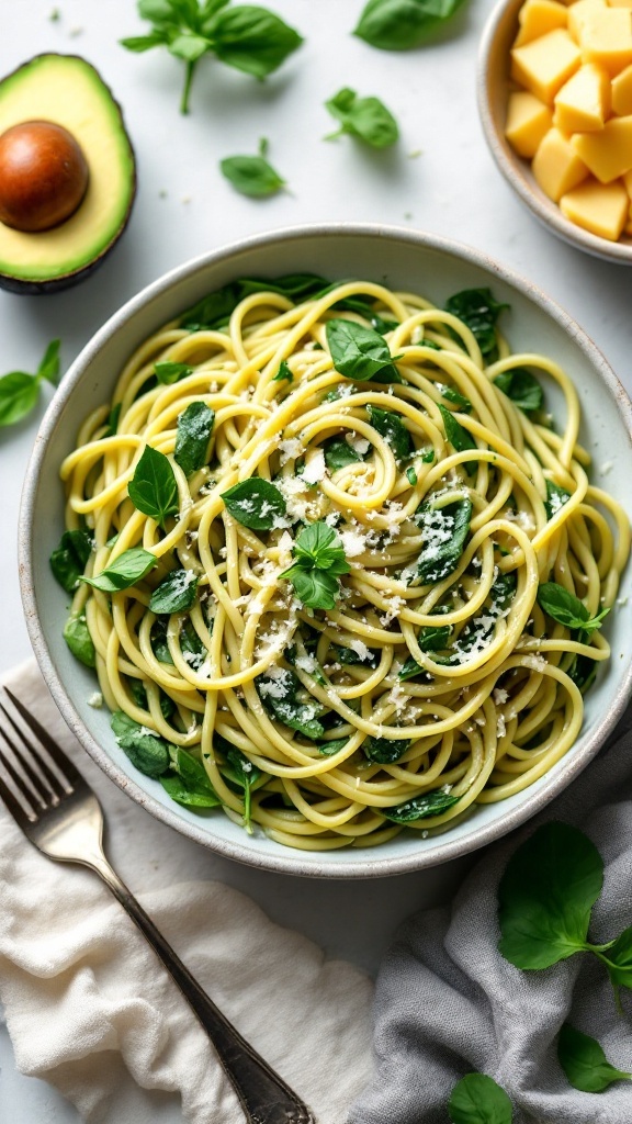 A bowl of creamy avocado and spinach pasta garnished with fresh basil and parmesan cheese.