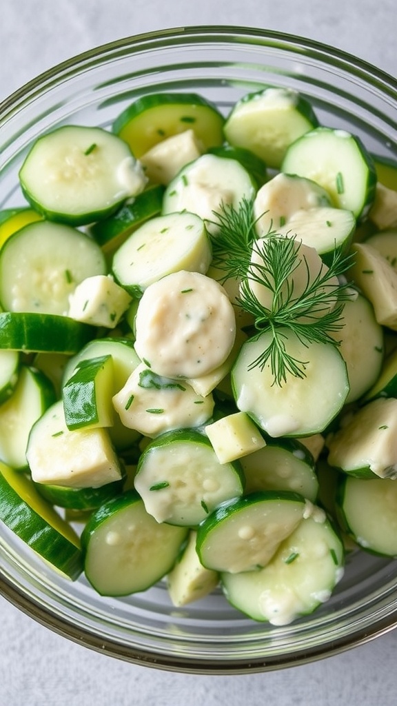 A bowl of creamy cucumber salad with sliced cucumbers and dressing.