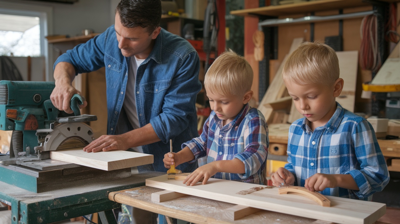 A father and his two young sons working on a woodworking project together.