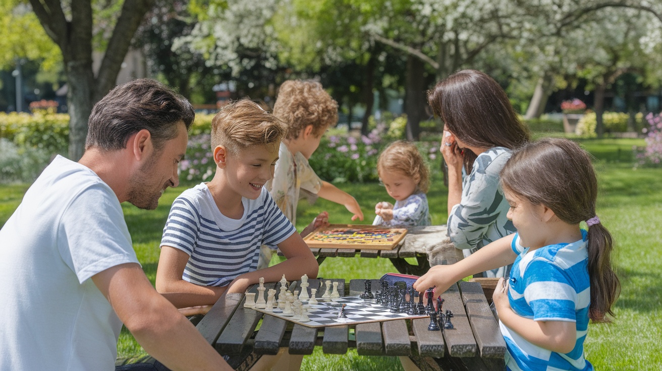 Family playing board games outdoors.