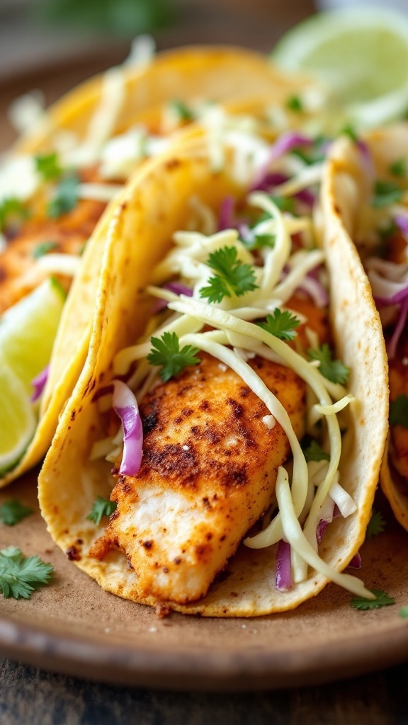 Crispy fish tacos with cabbage slaw and lime