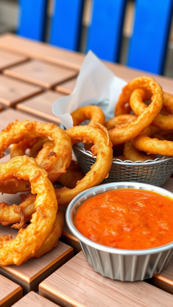 Golden brown crispy onion rings served with dipping sauce