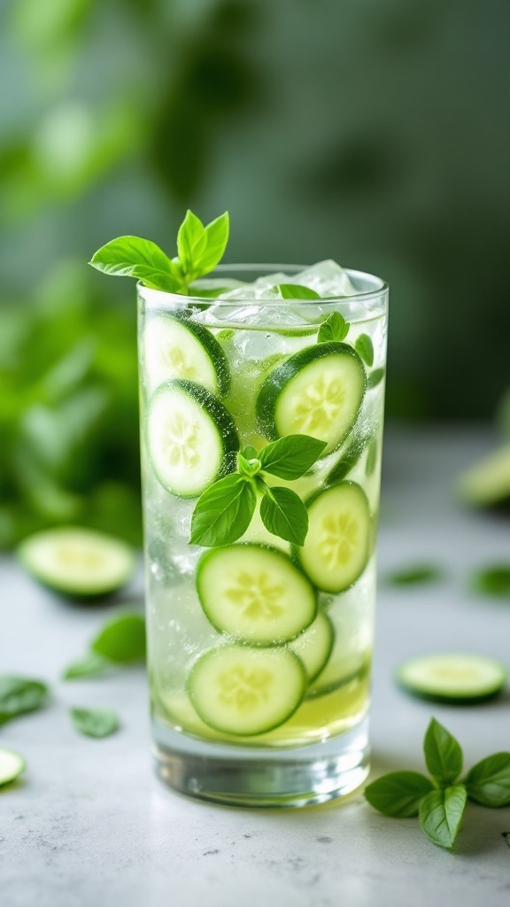 A refreshing cucumber basil infusion mocktail with ice and fresh ingredients.