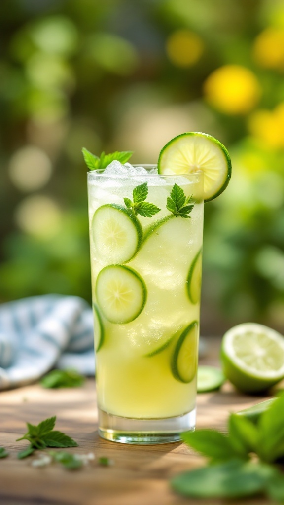 A refreshing cucumber lime spritzer mocktail in a collins glass with lime slices and mint leaves.
