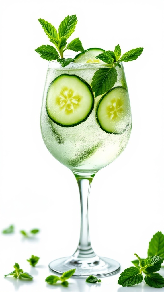 A refreshing Cucumber Mint Gin Fizz cocktail garnished with mint and cucumber slices.