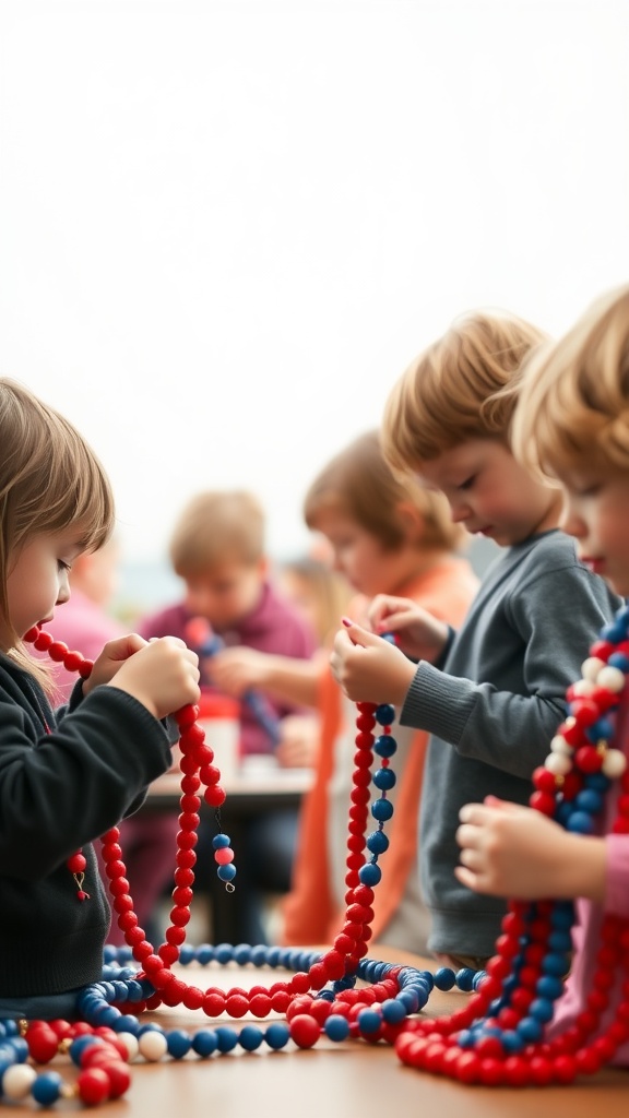 Children crafting red, white, and blue necklaces for 4th of July.