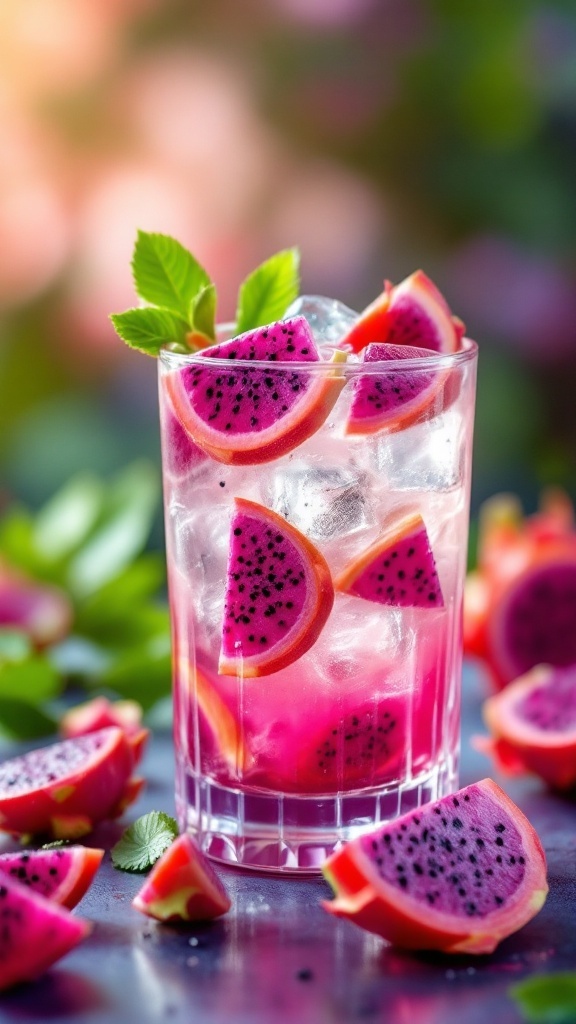 A refreshing Dragon Fruit Cooler in a tall glass, garnished with mint and dragon fruit slices.