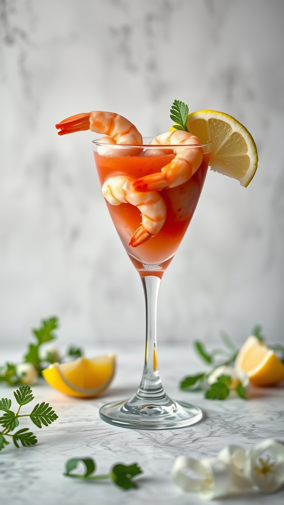 Shrimp cocktail in a glass with lemon and herbs