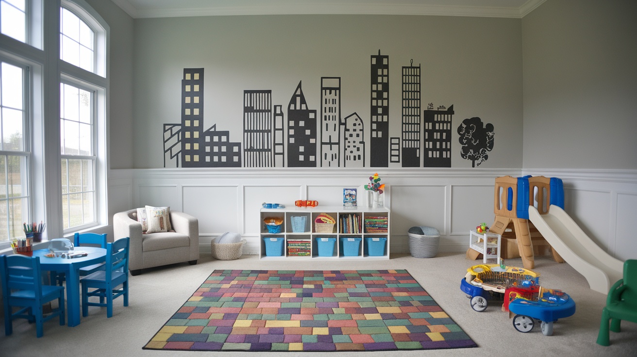 A colorful playroom with a city skyline mural, play furniture, and organized toys.