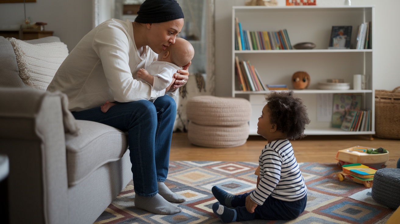 A parent interacting with two young children in a cozy living room.
