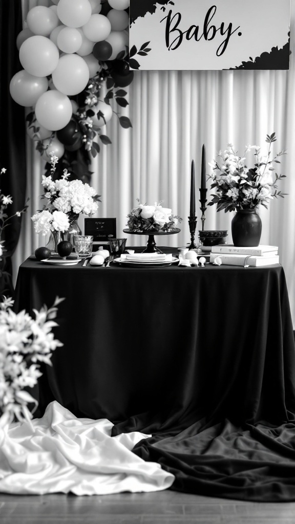 Black and white themed baby shower setup with flowers and decorations.