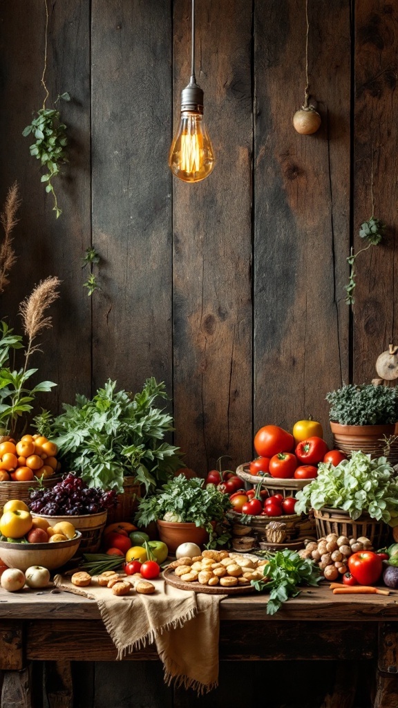 Farm to table setup with fresh fruits and vegetables on a rustic wooden table.