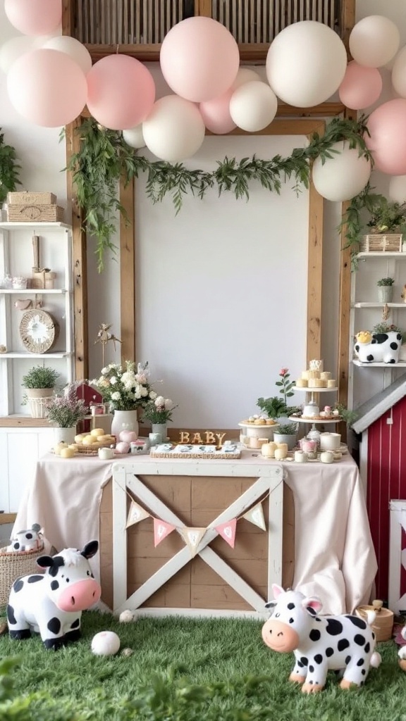 Farmyard themed baby shower setup with balloons and decorations.