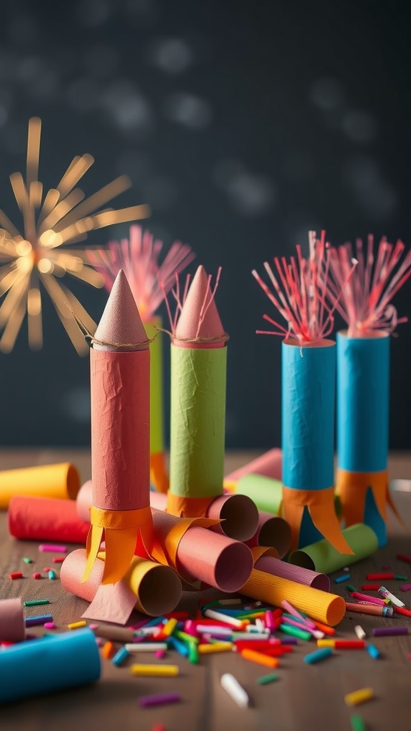 Colorful firecracker rockets made from toilet paper rolls, with decorations and confetti.