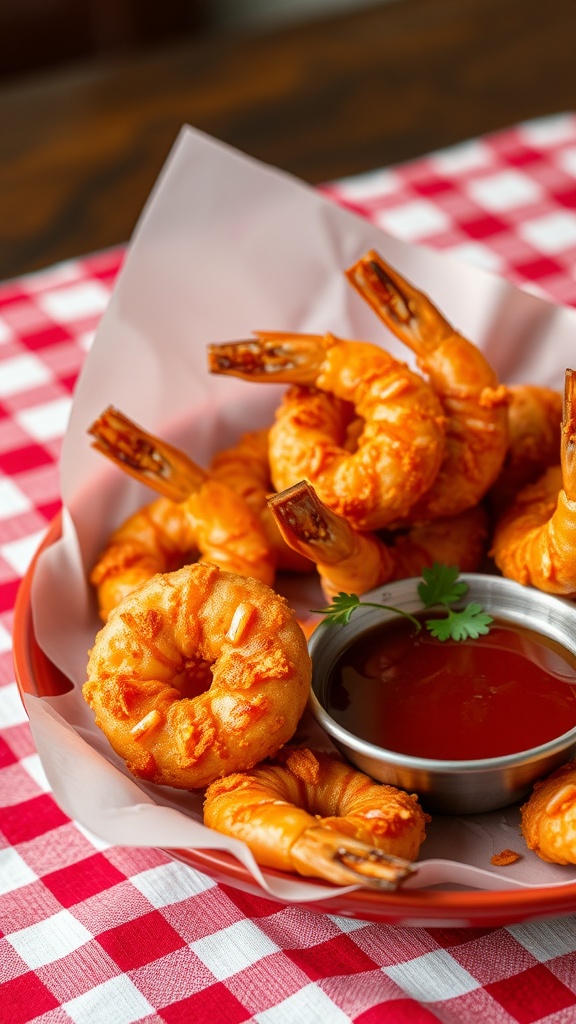 A plate of crispy firecracker shrimp with a dipping sauce, laid on a red and white checkered tablecloth.