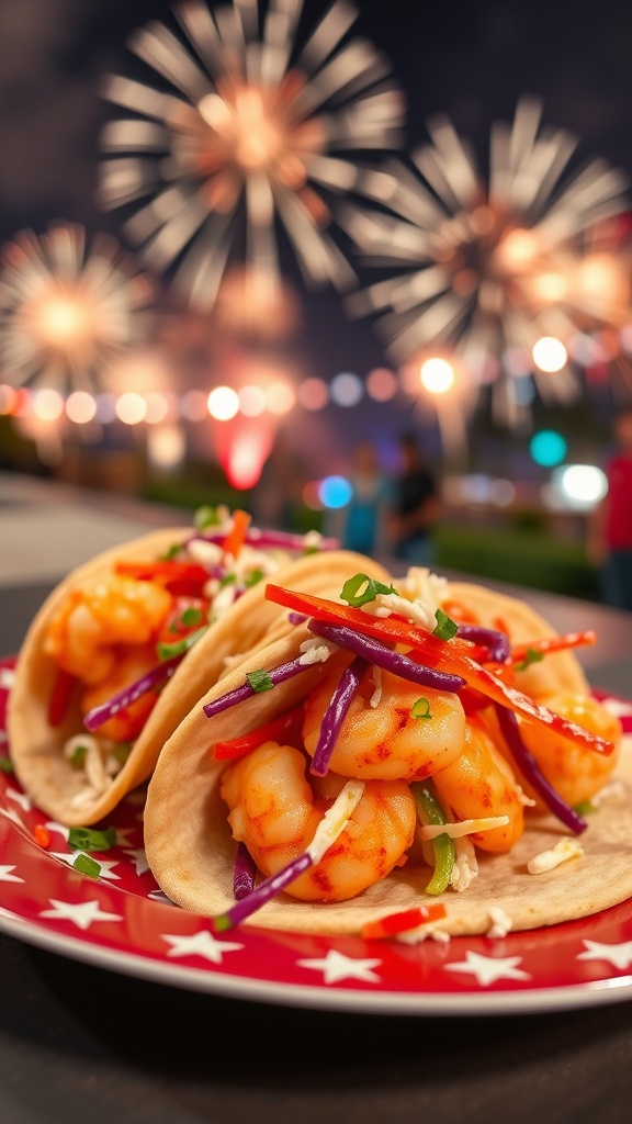 Firecracker shrimp tacos on a star-patterned plate with fireworks in the background.