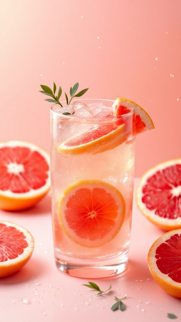 A refreshing fizzy grapefruit mocktail with slices of grapefruit and mint leaves