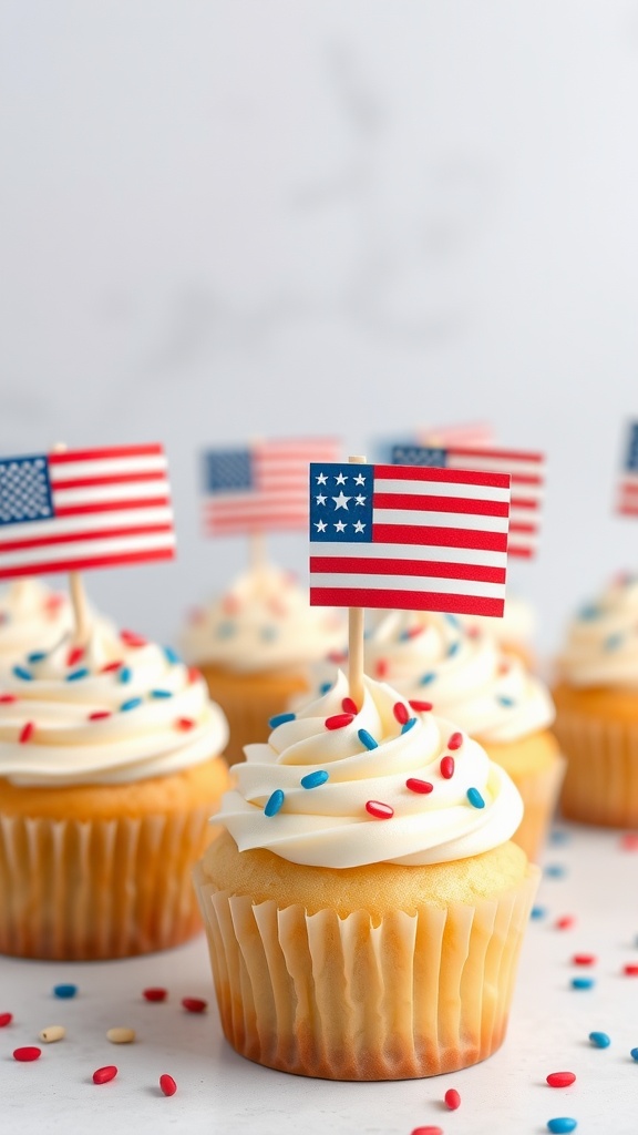 Cupcakes decorated with American flag toppers and red, white, and blue sprinkles.