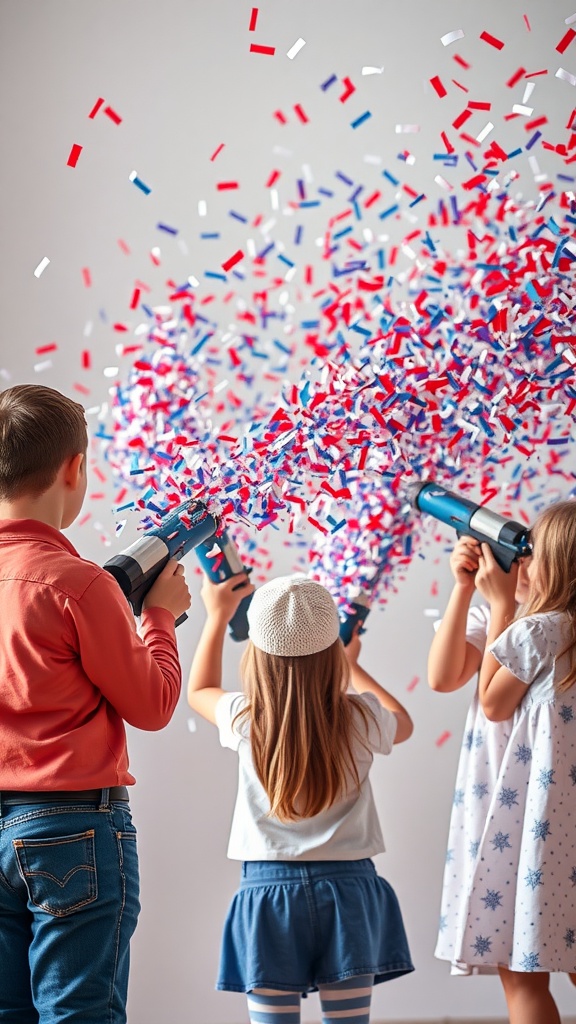 Children using confetti launchers filled with red, white, and blue confetti.