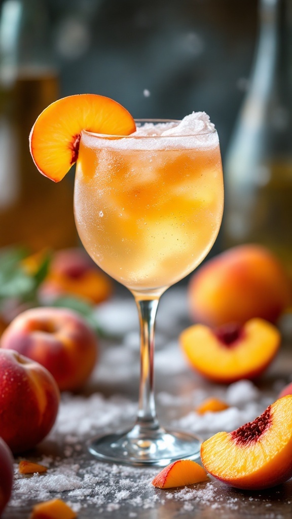 A refreshing Frozen Peach Bellini cocktail garnished with a peach slice and mint leaves, served in a tall glass.
