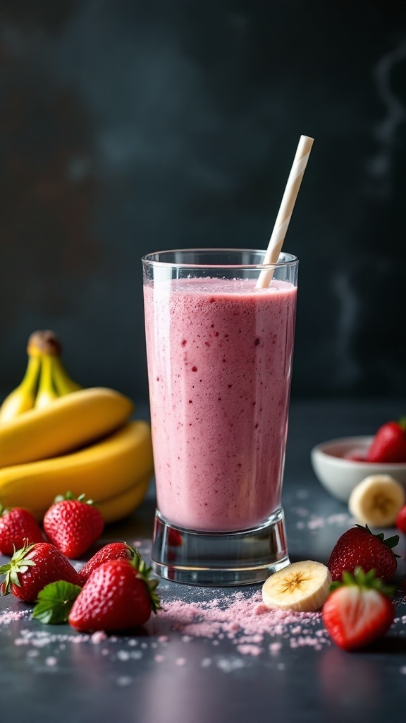 A refreshing frozen strawberry banana smoothie in a glass with a straw, surrounded by fresh strawberries and bananas.